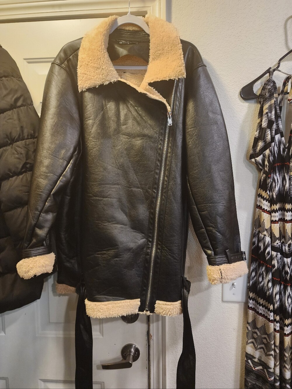 Fashion to Figure Black Faux Leather Shearling Jacket with Tan Trim